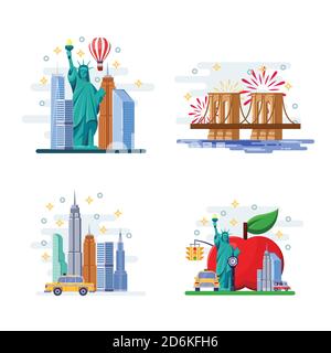 Reise nach New York Vektor-flache Illustration. Stadtsymbole, Wahrzeichen und berühmte Orte. USA-Ikonen und Designelemente. Stock Vektor