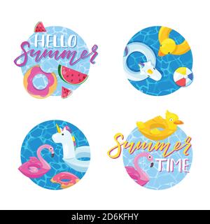 Sommer Etiketten, Aufkleber oder Tags. Hallo Sommer Vektor Kreis Emblem Set. Urlaub, Reisen, Strandurlaub, Pool Party Design-Elemente. Stock Vektor