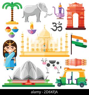 Reisen Sie nach Indien Vektor-Icons und Design-Elemente. Indische nationale Symbole und Wahrzeichen flache Illustration. Stock Vektor