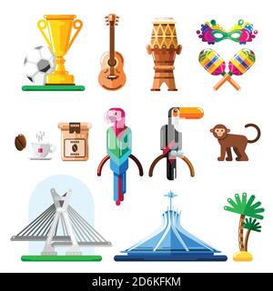 Reisen Sie nach Brasilien Vektor-Icons und Design-Elemente. Brasilianische nationale Symbole und Wahrzeichen flache Illustration. Stock Vektor