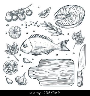 Kochen Fisch dorado und Lachs Steak, Vektor-Skizze Illustration. Set von isolierten handgezeichneten Lebensmitteln Zutat, Gemüse, Gewürze. Meeresfrüchte-Restaurant m Stock Vektor