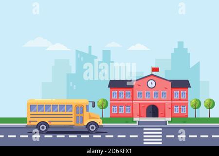 Zurück in die Schule, Vektor-flache Illustration. Schulgebäude und gelber Bus auf der Straße. Bildungshintergrund. Stock Vektor