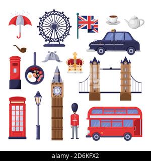 Reisen Sie nach Großbritannien Designelemente. Sehenswürdigkeiten in England und London, nationale Symbole und Lebensmittel-Illustration. Vektor Cartoon isolierte Symbole s Stock Vektor