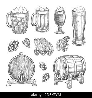 Vektorgrafik Bierskizze. Gläser, Tassen, Hopfen, Fass handgezeichnete isolierte Elemente für Pub- und Bar-Design. Stock Vektor