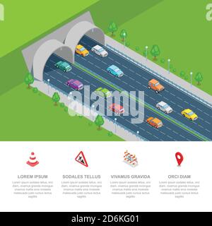 Tunnelstraßenvektor isometrische 3D-Abbildung. Transport und moderne Autobahn Straßenbaukonzept. Infografik-Vorlage für Unternehmenspräsentation. Stock Vektor