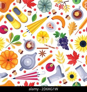 Herbst Saison bunt weiß nahtlose Muster. Vektorgrafik flach. Herbsternte, Blätter, Nahrung und Zubehör. Hintergrund oder Textildruck desig Stock Vektor