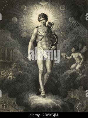 Beschreibung des Frontispiz illustrierende Musik. Apollo, der in der Versammlung der Götter den Besitz der Leier erlangt hat, verlässt die melodiösen Sphären des Himmels und bringt Harmonie auf die Erde. Kupferstich aus der Encyclopedia Londinensis oder, Universal Wörterbuch der Künste, Wissenschaften und Literatur; Band XVI; herausgegeben von Wilkes, John. Veröffentlicht 1819 in London Stockfoto