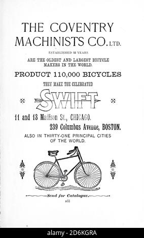 Werbung für die Coventry Machinist Co. Ltd aus Chicago und Boston Macher des SWIFT Bicycle from Wheels and Wheeling; ein unverzichtbares Handbuch für Radfahrer, mit über zweihundert Illustrationen von Porter, Luther Henry. Veröffentlicht in Boston im Jahr 1892 Stockfoto