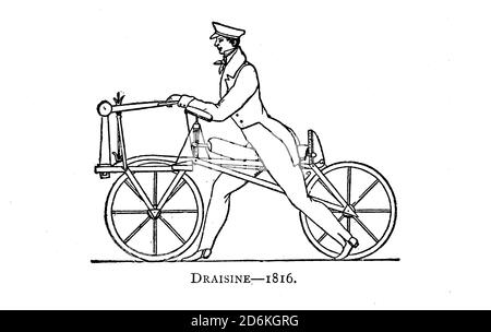 Draisine 1816 [oder Draisienne, Hobbypferd, Dandy Pferd (frühes Fahrrad)] aus Wheels and Wheeling; ein unverzichtbares Handbuch für Radfahrer, mit über zweihundert Illustrationen von Porter, Luther Henry. Veröffentlicht in Boston im Jahr 1892 Stockfoto