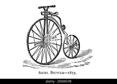 Ariel Hochrad 1873 [britisch gemacht] aus Wheels and Wheeling; ein unverzichtbares Handbuch für Radfahrer, mit über zweihundert Illustrationen von Porter, Luther Henry. Veröffentlicht in Boston im Jahr 1892 Stockfoto