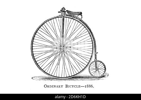 Gewöhnliches Hochrad 1886 von Wheels and Wheeling; ein unverzichtbares Handbuch für Radfahrer, mit über zweihundert Illustrationen von Porter, Luther Henry. Veröffentlicht in Boston im Jahr 1892 Stockfoto