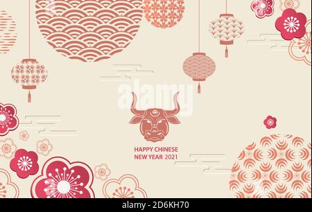 Frohes neues Jahr 2021. Ein horizontales Banner mit chinesischen Elementen des neuen Jahres.Übersetzung aus dem Chinesischen - Frohes Neues Jahr, Stier-Symbol Stock Vektor