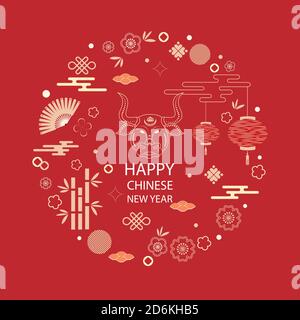 Helles Banner mit chinesischen Elementen für das neue Jahr 2021. Muster im modernen Stil, geometrische dekorative Ornamente. Vektor. Stock Vektor