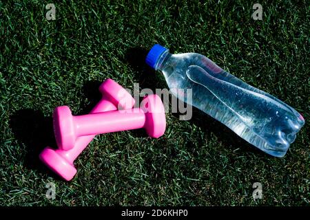 Gesunde und ausgewogene Lebensweise. Aufrechterhaltung des Wasserhaushalts im Körper während des Trainings. Langhanteln und Flasche auf grünem Gras. Sportgerät und Ausrüstung. Kurzhanteln im Park. Hydratation nach der Fitness. Stockfoto