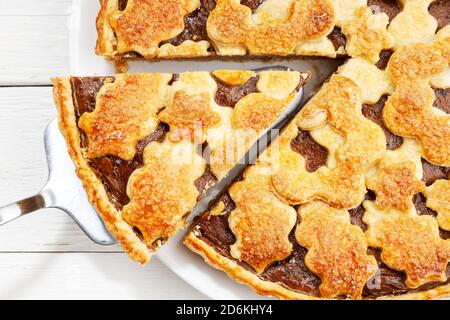 Nahaufnahme hausgemachter Kuchen mit Hüttenkäse und Pflaumen und Stück abgeschnitten auf weißem Holztisch. Draufsicht. Stockfoto