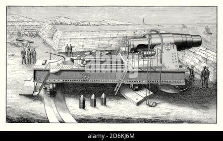 Eine alte Gravur zeigt eine riesige Krupp's 1200-Pfund, breech-loading, riflowing gun c.1865. Es ist aus einem viktorianischen Maschinenbaubuch der 1880er Jahre. Diese Waffe wurde auf der internationalen Ausstellung von Paris 1867 gezeigt. 1811 gründete der deutsche Industrielle Friedrich Krupp seine Gussstahlfabrik. Es war sein Sohn Alfred Krupp, der mit seiner Mündungsladerwaffe aus gegossenem Stahl Erfolg erlangte, was so gute Ergebnisse brachte, dass die preußische Armee Stahl für ihre Artillerie annahm. In den 1870er Jahren wurden Krupp-Stahlwaffen von Ländern auf der ganzen Welt gekauft. Stockfoto