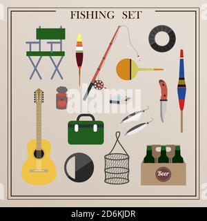 Ein Satz von Gegenständen zum Angeln mit Netzen und einer Angelrute. Vektor-Illustrationen von isolierten Gegenständen zum Fang von Meerestieren. Angelrute, Schwimmer, Netze, Campingmesser, Streichhölzer, Laterne, Spinning, Thermoskanne, Campingstuhl, Angelausrüstung, Angelbekleidung. Flaches Design von Cartoon-Attributen für Outdoor-Aktivitäten. Stock Vektor