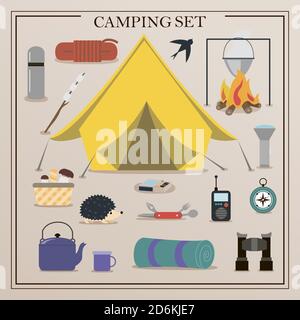 Eine Reihe von flachen Icons für Camping. Ausrüstung für Wandern, Bergsteigen und Camping-eine Reihe von Ikonen und Infografiken. Baumhaus, Zelt, Campingutensilien, Rucksack und Scout-Werkzeuge. Stock Vektor