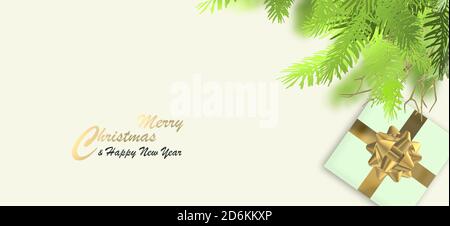 Weihnachtsbanner. Realistische Weihnachten Geschenkbox, Tannenzweige, goldene Zweige, Gold Text Frohe Weihnachten Frohe Weihnachten Frohes Neues Jahr auf gelbem pastellfarbenem Hintergrund. Horizontale, flache Verlegung. 3D-Illustration Stockfoto