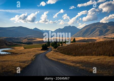 Schotterstraße, die durch die Landschaft der Südinsel neuseelands führt. Die südlichen alpen und endlose Wiesen, goldene Wiesen Stockfoto