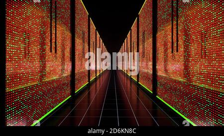Corridor Big Computer Data Center Red voll mit Rack-Servern iot Learning 3d-Rendering Stockfoto