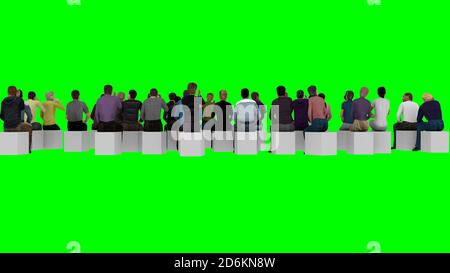 Menschen sitzen auf Stühlen mit dem Rücken zur Kamera Auf einem grünen Hintergrund für die 3D-Wiedergabe der TV-Montage Stockfoto