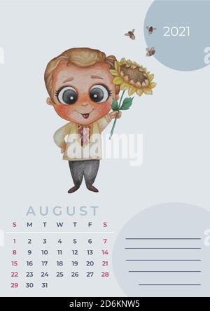 Kalender 2021 Aquarell. Vorlage für August. Aquarell Zeichnung - netter Mann steht mit einer Sonnenblume in den Händen. Design-Planer, Schreibwaren, Druck Stockfoto