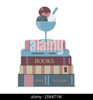 Ein vertikaler Stapel von Büchern und eine Schüssel mit Eisbällen. Schriftzüge auf Büchern Ich liebe Bücher und Eis. Vektor flache Illustration in schönen Pastellfarben. Bücher und Süßigkeiten für Erholung, Sommer, Urlaub, Wochenende und Freude. Stock Vektor