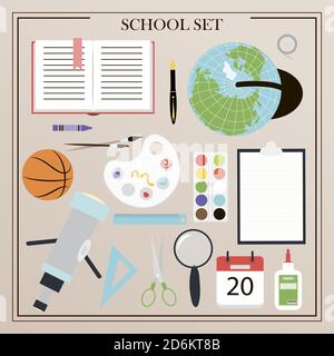 Eine Reihe von Vektor-Büromaterialien, Schule und Büro Attribute. Flaches Design von isolierten Bleistiften, Stifte, Lineale, Rucksack, Globus, Farben, Paletten, Pinsel, Bücher, Notizbücher, Kompasse, Teleskop. Illustration für ein Geschäft, Schule, Universität oder Büromaterial. Draufsicht auf geschriebene Objekte Stock Vektor