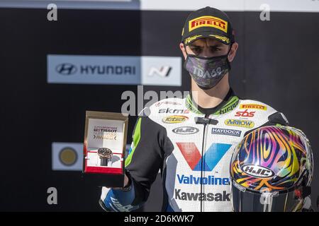 Estoril, Portugal., 18. Oktober 2020, Nr. 69 Tom Booth-Amos GBR Kawasaki Ninja 400 RT Motorsport by SKM-Kawasaki 1. Tissot Superpole Award 2020 Supersport300 während der 8. Runde Pirelli Estoril - Race, World Superbike - SBK - Credit: LM/Otto Moretti/Alamy Live News Stockfoto