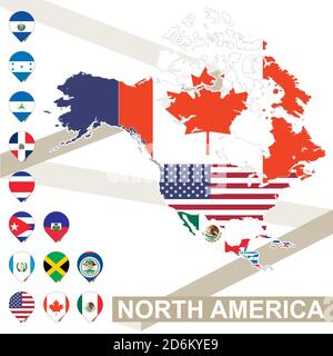 Nordamerika-Karte mit Flaggen, Nordamerika-Karte mit ihrer Flagge eingefärbt. Vektorgrafik. Stock Vektor