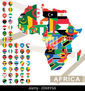 Afrika-Karte mit Flaggen, Afrika-Karte mit ihrer Flagge eingefärbt. Vektorgrafik. Stock Vektor