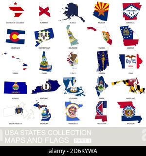 USA State Collection, Karten und Flaggen, Teil 1 Stock Vektor