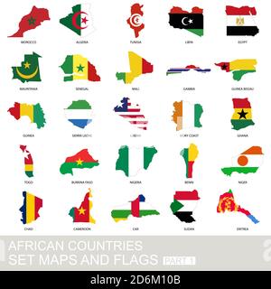 Afrikanische Länder Set, Karten und Flaggen, Teil 1 Stock Vektor