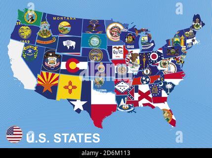 US-Karte mit Staatsflaggen, auf blauem Hintergrund Stock Vektor
