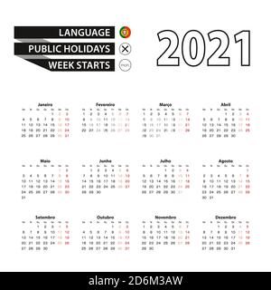 Kalender 2021 in portugiesischer Sprache, die Woche beginnt am Montag. Vector Kalender 2021 Jahr. Stock Vektor