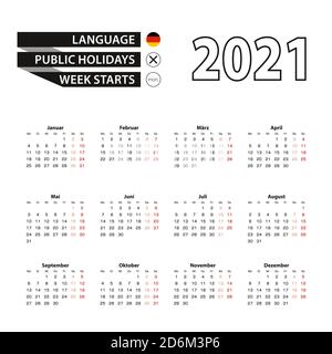 Kalender 2021 in deutscher Sprache, die Woche beginnt am Montag. Vector Kalender 2021 Jahr. Stock Vektor