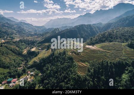 Reisfelder, Reisterrasse Paddy in Sa Pa Lao Cai Vietnam Asien Luftdrohne Photo View Stockfoto