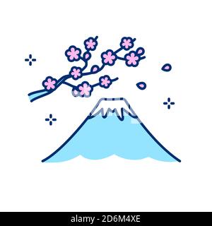 Berg Fuji mit Kirschblütenzweig, Symbol Japans. Japanische Sakura, einfache flache Linie Icon-Stil. Isolierte Vektordarstellung. Stock Vektor