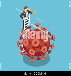 Flat 3d Isometric Geschäftsmann mit Teleskop auf der Leiter freuen uns über Covid-19 Virus. Business Vision Nach Covid-19 Virus Situationskonzept Stock Vektor