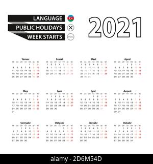 Kalender 2021 in aserbaidschanischer Sprache, die Woche beginnt am Montag. Vector Kalender 2021 Jahr. Stock Vektor