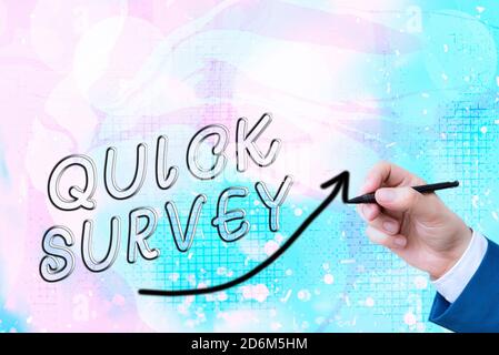 Textschild mit Quick Survey. Geschäftsfoto zeigt Führen Sie eine schnelle Überprüfung des Zustandswerts durch Situation einer steigenden Kurve der digitalen Pfeilspitze Stockfoto