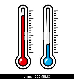 Thermometer Karikatur Illustration isoliert auf weiß. Vektorsymbol für Meteorologie-Thermostat. Messen Sie den Füllstand: Warm und kalt. Temperaturmessung. Blau und Stock Vektor