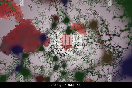 Eine Mischung aus kleinen Biomolekülen und großen Makromolekülen (Proteinen). In der Biochemie des Lebens sind Tausende von verschiedenen Molekülen involviert. Stockfoto