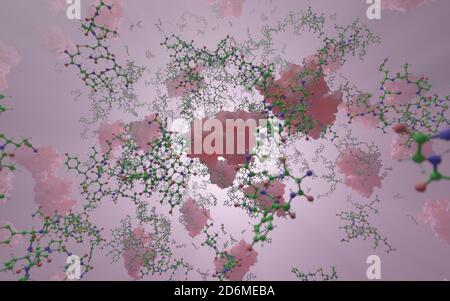 Eine Mischung aus kleinen Biomolekülen und großen Makromolekülen (Proteinen). In der Biochemie des Lebens sind Tausende von verschiedenen Molekülen involviert. Stockfoto