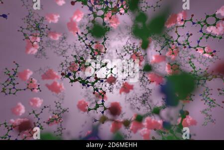 Eine Mischung aus kleinen Biomolekülen und großen Makromolekülen (Proteinen). In der Biochemie des Lebens sind Tausende von verschiedenen Molekülen involviert. Stockfoto