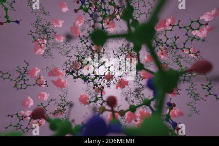 Eine Mischung aus kleinen Biomolekülen und großen Makromolekülen (Proteinen). In der Biochemie des Lebens sind Tausende von verschiedenen Molekülen involviert. Stockfoto