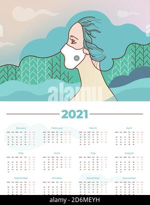 Vector Kalender 2021 druckbare A3 Vorlage. Neujahr. Woche beginnt am Montag, 12 Monate Jahresplan. Frau in Schutzmaske, Atemschutzmaske an Stock Vektor