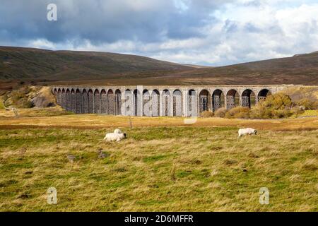 Das Ribblehead Viadukt, das die besiedelte zu Carlisle Eisenbahn rüber trägt Blea Moor in Ribblesdale North Yorkshire Dales England mit Whernside Behind Stockfoto