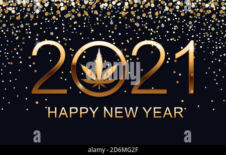 2021 Happy New Year Hintergrund mit Marihuana Blatt. Happy New Year Card. Vektorgrafik. Stock Vektor